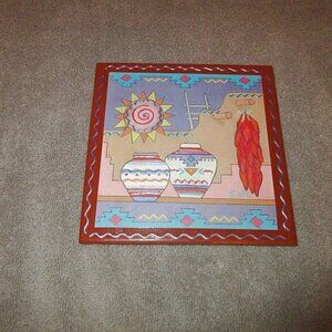 Vtg Southwestern Hand Painted Tile Art Pottery Trivet Aztec Desert Chili Peppers